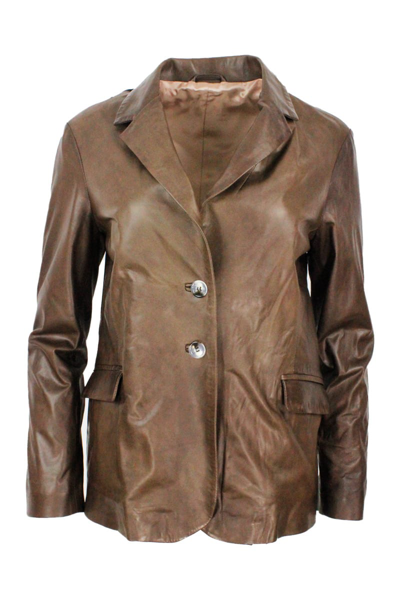 Shop Barba Napoli Soft Leather Blazer Jacket With 2 Button Closure And Flap Pockets In Brown
