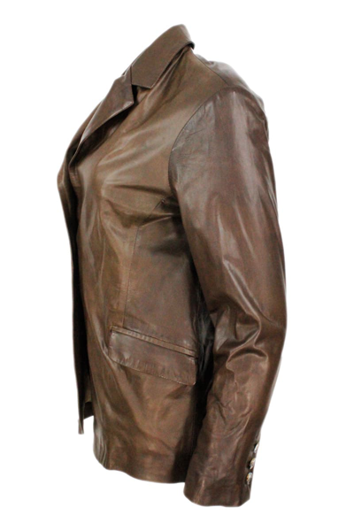 Shop Barba Napoli Soft Leather Blazer Jacket With 2 Button Closure And Flap Pockets In Brown
