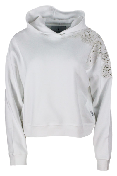 Shop Ermanno Scervino Long-sleeved Crewneck Sweatshirt With Hood With Macrame Inserts On The Shoulder In White