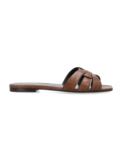 Shop Saint Laurent Tribute Lizard Embossed Sandal In Almond Brown