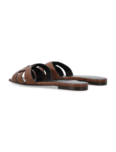 Shop Saint Laurent Tribute Lizard Embossed Sandal In Almond Brown