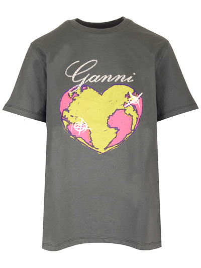 Shop Ganni Heart T-shirt In Volcanic Ash
