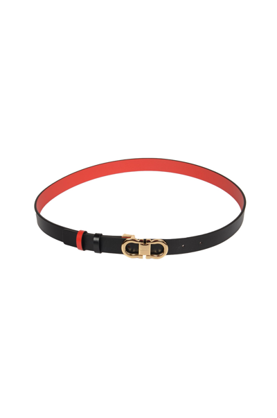 Shop Ferragamo Double Gancini Belt In Black/flame Red