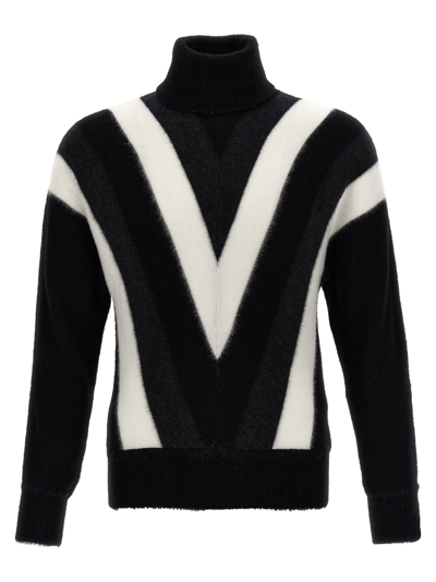 Saint Laurent Turtleneck Geometric Pattern Sweater In White/black