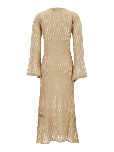 Shop Federica Tosi Long Beige Dress With U Neckline In Knit Woman In Metallic
