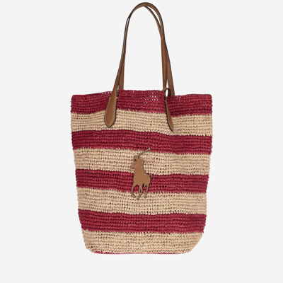 Shop Ralph Lauren Raffia Tote Bag With Logo In Red