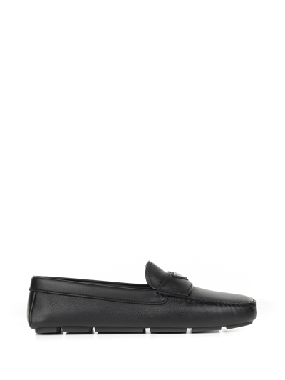 Shop Prada Leather Moccasin With Logo In Nero
