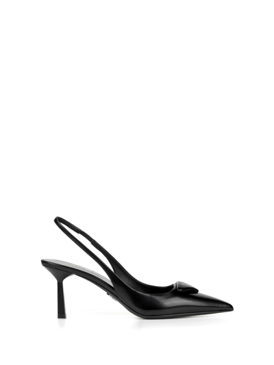 Shop Prada Leather Slingback Pumps With Logo In Nero