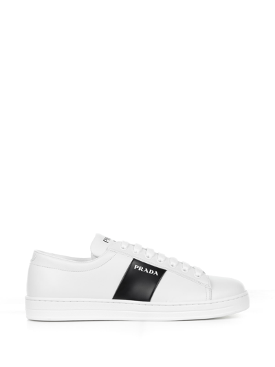 Shop Prada Leather Sneakers With Logo In Bianco Nero