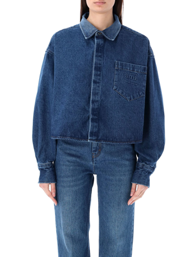 Shop Ami Alexandre Mattiussi Cropped Denim Shirt In Used Blue