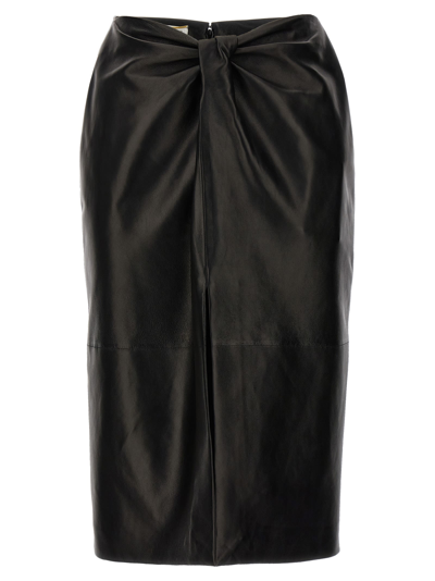 Shop Saint Laurent Ruched Detail Leather Skirt In Black