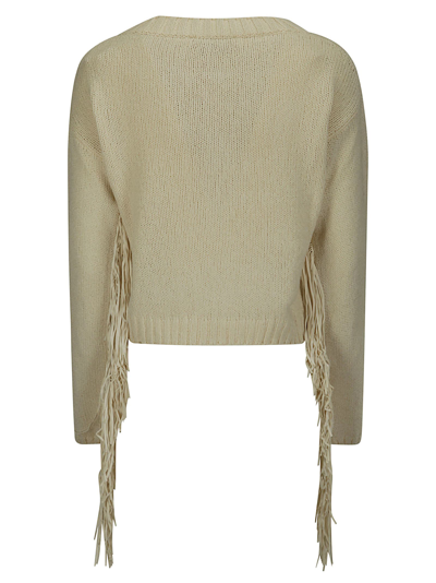 Wild Cashmere Boxy Sweater With Suede Frings In Off-white