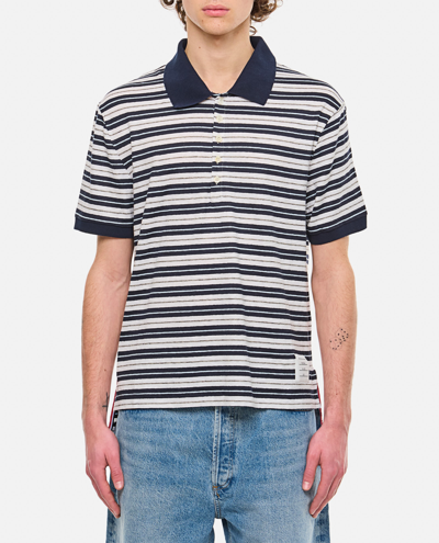 Shop Thom Browne Linen Striped Polo In Blue