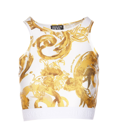 Shop Versace Jeans Couture Watercolor Couture Short Top In Golden