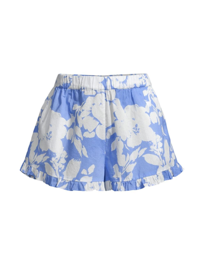 Shop Tanya Taylor Women's Marley Ruffle Hem Floral Shorts In Azure Blue Off White