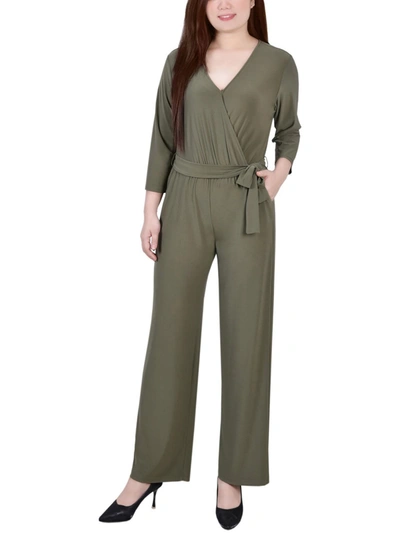 Shop Ny Collection Petites Womens V-neck Belted Jumpsuit In Green