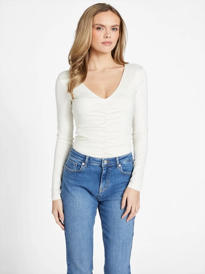 Shop Guess Factory Florence Ruched Bodysuit In White