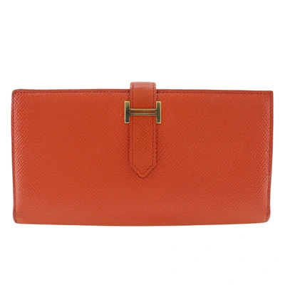 Shop Hermes Béarn Leather Wallet () In Orange
