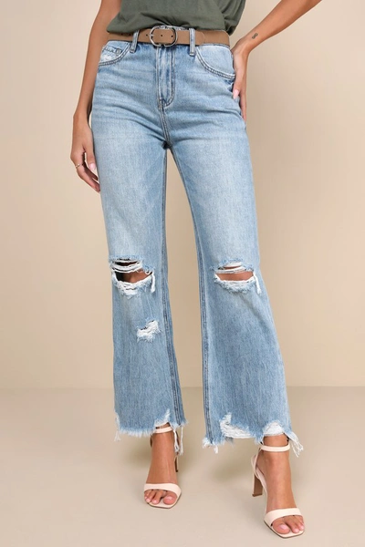 Shop Vervet Crystal Medium Wash Distressed High Rise Wide Leg Raw Hem Jeans In Blue