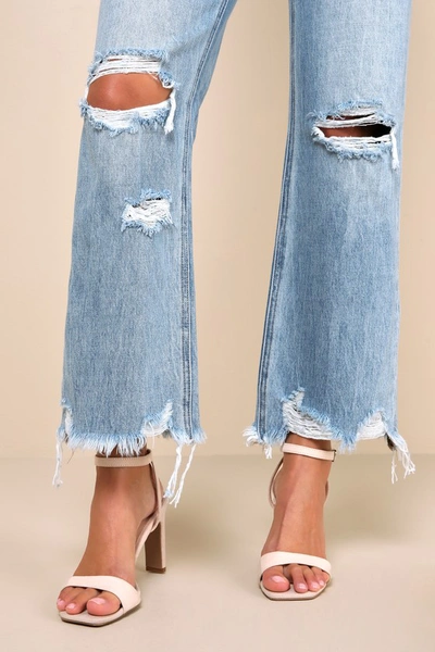 Shop Vervet Crystal Medium Wash Distressed High Rise Wide Leg Raw Hem Jeans In Blue