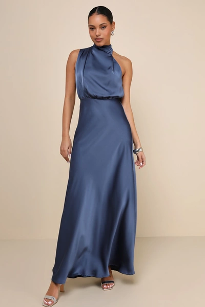 Lulus Distinctive Charm Slate Blue Satin Asymmetrical Maxi Dress In Slate Blue