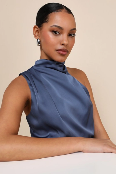 Lulus Distinctive Charm Slate Blue Satin Asymmetrical Maxi Dress In Slate Blue