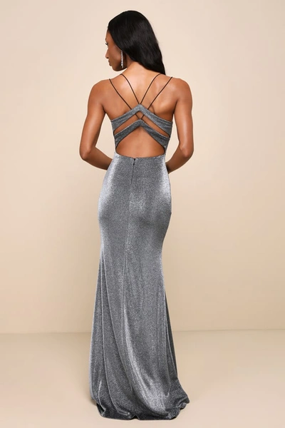 Lulus Toasting The Evening Shiny Silver And Black Backless Maxi Dress In Silver And Black