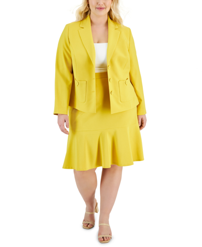Shop Le Suit Plus Size Crepe Three-button Flounce-skirt Suit In Golden Sunset
