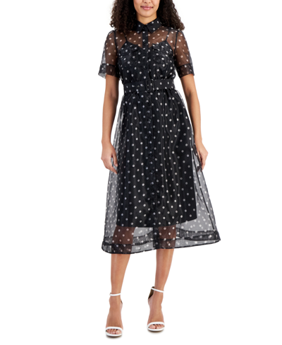 Shop Anne Klein Women's Belted Polka Dot Tea Dress In Anne Black,anne White