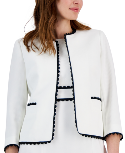 Shop Kasper Women's Collarless Contrast-scallop Crop Jacket In Lily White,black