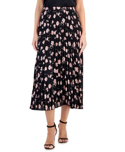 Shop Anne Klein Women's Floral-print Pleated Midi Skirt, Created For Macy's In Black,cherry Blossom