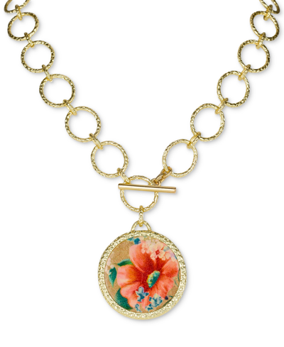 Shop Patricia Nash Gold-tone Flower-print Leather 21" Pendant Necklace In Egyptian Gold