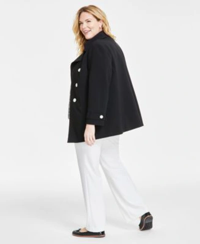 Shop Anne Klein Plus Size Dot Print Tie Neck Shirred Blouse High Rise Pull On Bootcut Pants Double Breasted Trench J In Anne Black,anne White