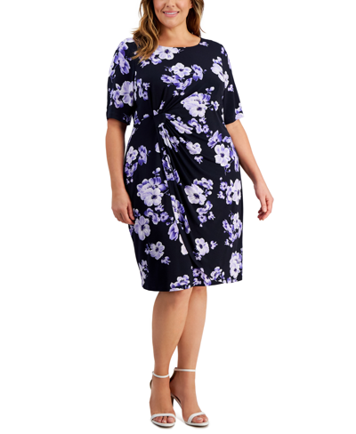 Shop Connected Plus Size Floral-print Faux-wrap Dress In Navy Periwinkle