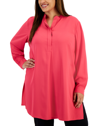 Shop Anne Klein Plus Size Longer Length Nehru Tunic In Rich Camellia