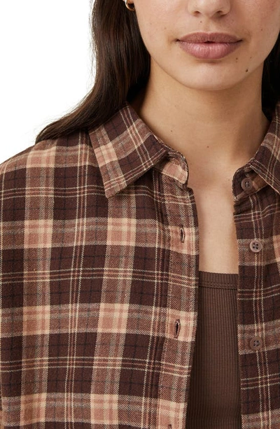 Shop Cotton On Plaid Brushed Cotton Flannel Button-up Shirt In Poppy Check Dark Oak