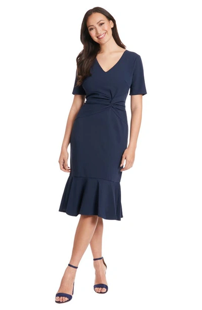 London Times Flounce Hem Twist Midi Dress In Navy