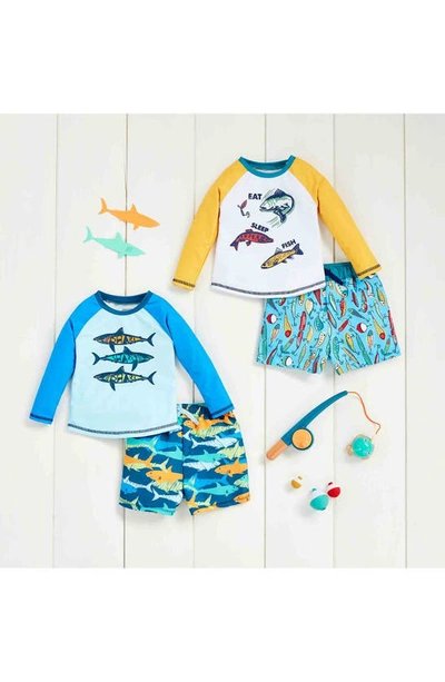 Shop Mud Pie Kids' Shark Long Sleeve Rashguard & Shorts Set In Blue