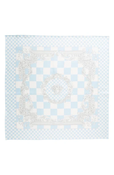 Shop Versace Medusa Check Silk Scarf In 5x500-pastel Blue White Silver