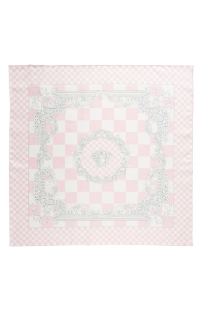 Shop Versace Medusa Check Silk Scarf In 5x490-pastel Pink White Silver