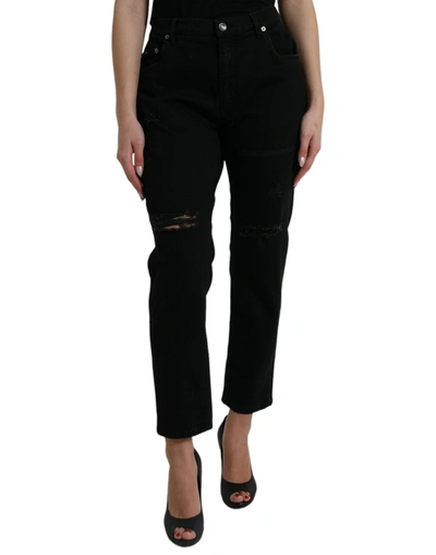 Shop Dolce & Gabbana Black Cotton High Waist Tattered Denim Women's Jeans