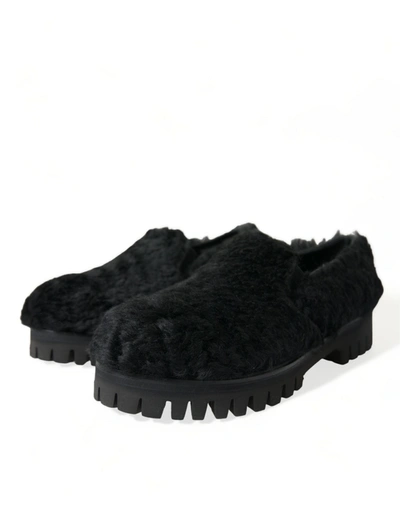 Shop Dolce & Gabbana Black Fur Leather Slippers Dress Men's Shoes