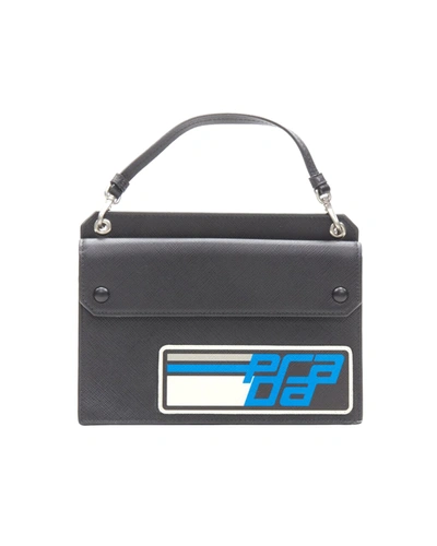 Shop Prada Racing Graphic Logo Black Saffiano Flap Front Pocket Flat Top Handle Bag In Grey