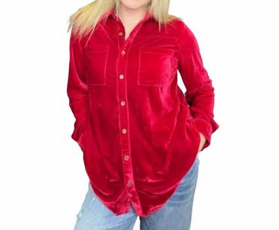 Shop Easel Velvet Long Sleeve Shirt In Deep Red