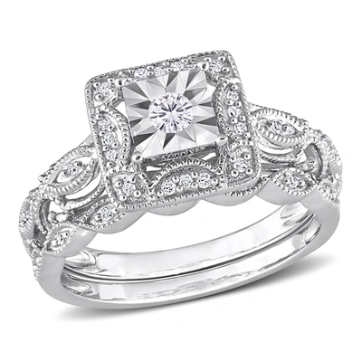 Mimi & Max 1/5ct Tdw Diamond Square Halo Bridal Ring Set In Sterling Silver In Silver