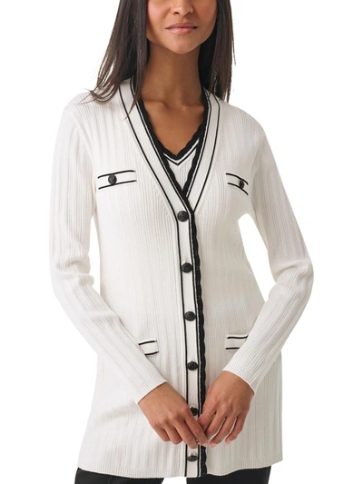 Shop Karl Lagerfeld Womens Scalloped Edge Long Cardigan Sweater In White