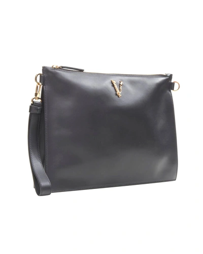 Shop Versace New  Gold Virtus Barocco V Black Leather Zip Clutch Crossbody Bag In Blue