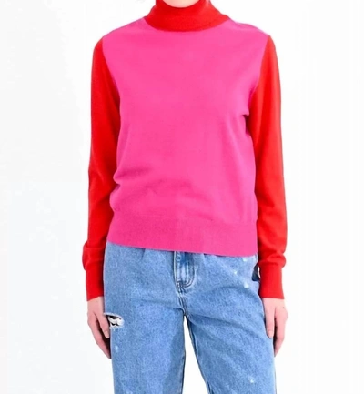 Shop Molly Bracken Knit Color Block Turtleneck Sweater In Red And Pink