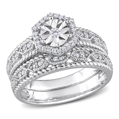 Mimi & Max 1/4ct Tdw Diamond Hexagon Halo Bridal Ring Set In Sterling Silver In Silver