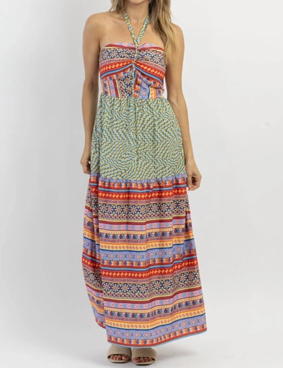 Shop Davi & Dani Kahuna Halter Maxi Dress In Blue In Multi